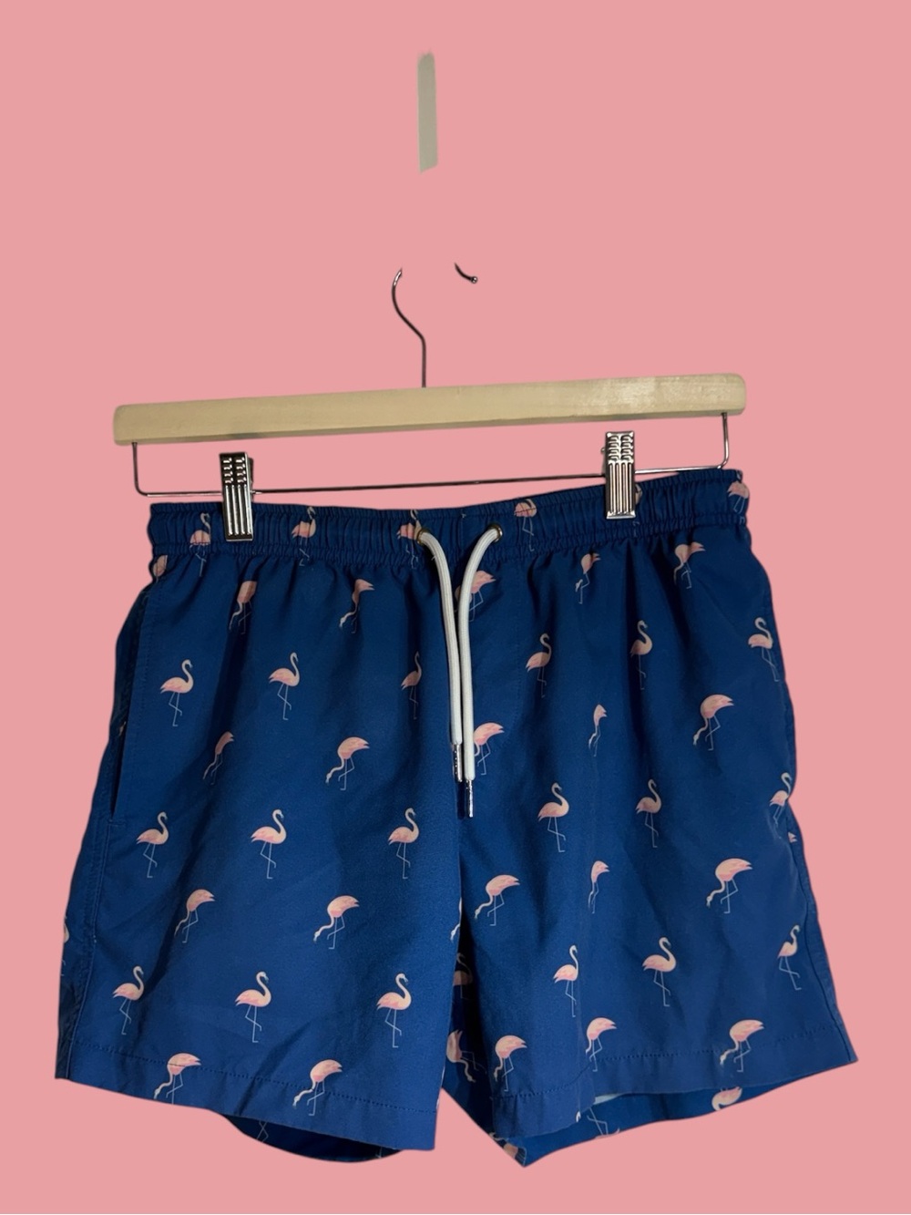 Bermies Swim Trunks Blue with Pink Flamingos 🦩 Drawstring Waist Size Small